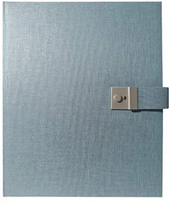 Obrázek produktu pro Kožená pořadačová složka formátu DIN A4, 27,5 x 34 cm, modro-bílá, s 5 průhlednými přihrádkami a uzávěrem.