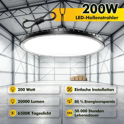 Immagine prodotto di Lampada a LED UFO per ambienti industriali - 200 W - Confezione da 5 pezzi - Grado di protezione IP65 - Impermeabile - Ideale per officine e magazzini