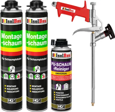 Produktbild von Isolbau Bauschaum-Set - Inkl. 2x 1K Montageschaum Pistolenschaum (je 750 ml), 1x Schaum-Pistole & 1x PolyurethanSchaum-Reiniger (500 ml)