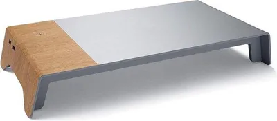 Image de Chargeur sans fil avec port USB, au design moderne alliant métal, bois et acrylique, dimensions : 52 x 25 x 8 cm.