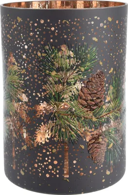 Produktbild von Teelichthalter Glas 12,5cm mit Tannenzweigen & Zapfen Motiv 1 Stück