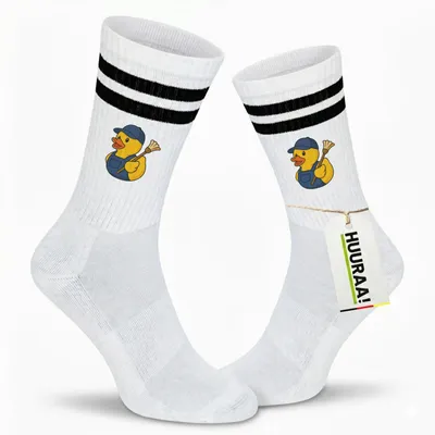 Produktbild von Huuraa Uni Socken Quietscheente Hausmeister Comic Gummiente 42/46 Black Baumwolle Tennissocken Geschenkidee