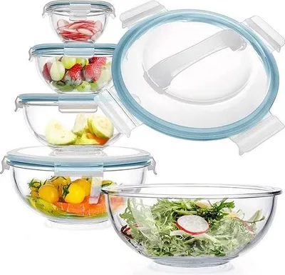 Immagine prodotto di Set di 5 ciotole in vetro per mescolare, ciotole in vetro con coperchio, ciotole impilabili salvaspazio, ciotole per insalata antiscivolo, senza BPA, per combinare, conservare, cucinare