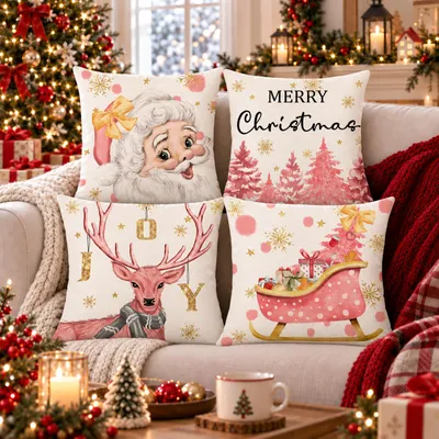 Image de Lot de 4 housses de coussin de Noël, 45 x 45 cm, couleurs variées, mélange de lin, pour décoration de canapé ou de chambre