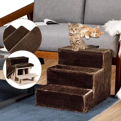 Immagine prodotto di Scala per gatti domestici a 3 gradini con rivestimento in peluche rimovibile - Helling per cani e gatti anziani - 455 x 36 x 34 cm - Marrone
