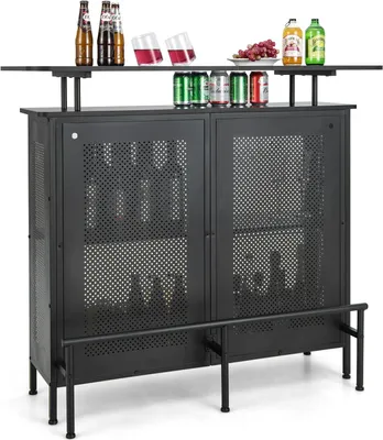 Produktbild von GOPLUS Bartisch, Küchentisch mit Glashalter & Ablagefläche, Bistrotisch mit Metallrahmen & Fußstütze, Tresentisch Hochtisch Bar Theke, Schwarz