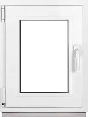 A white window frame with a clear glass pane, set against a white background.