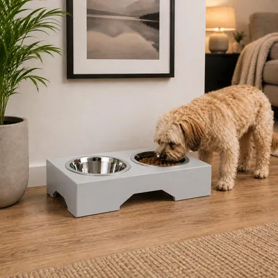 Productafbeelding van QLS Voerbakstandaard 8 cm, metalen uitvoering, voor honden en katten, grijs, artikelnummer 11509, AI-gegenereerde afbeelding