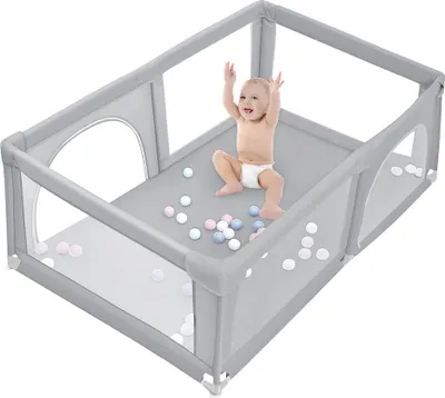 Produktbild von Baby Laufstall Laufgitter 180*120*66cm mit 50 Kugel mit atmungsaktivem Netz Schutzgitter Baby Set Hellgrau