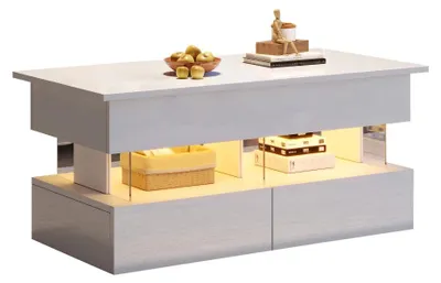 Immagine prodotto di Tavolino da divano regolabile in altezza - 100 x 50 x 46 cm - Piano del tavolo regolabile - Spazio contenitivo nascosto - Illuminazione LED - 2 cassetti - MDF - Bianco