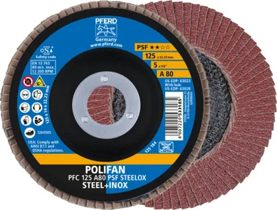 Produktbild von PFERD 67748125, Fächerscheibe, Edelstahl, Stahl, 12,5 cm, Jede Marke, Eingedrückte Mitte, 2,22 cm