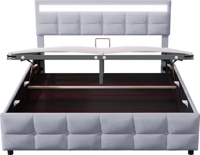 Produktbild von Polsterbett 180x200cm, LED-Leuchten, Lattenrost, hydraulisches Einzelbett, holländischer Samtstoff, Grau