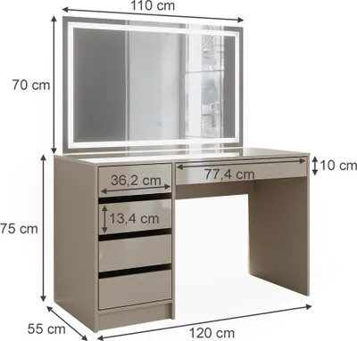 A vanity table with a large LED mirror and drawers, with dimensions indicated by measurement lines and text.