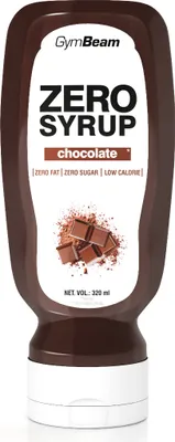 A bottle of chocolate syrup with chocolate pieces and cocoa powder.