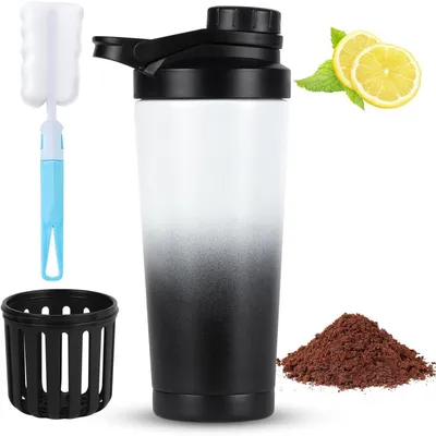 Productafbeelding van Proteïneshaker thermosbeker, 750 ml, roestvrij staal, met maatstrepen en mengbal. Behoudt warmte tot 12 uur, lekvrij, BPA-vrij