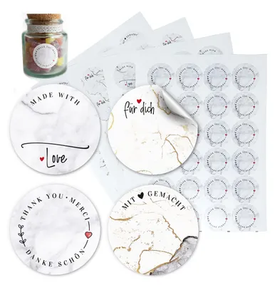 Produktbild von Edle Etiketten selbstklebend zum beschriften - 96 Klebeetiketten "Marmor" Sticker | Danke Aufkleber rund 4 cm | Selbstklebende Geschenksticker Beschriftungsetiketten | Beschreibbar mit Folienstift!
