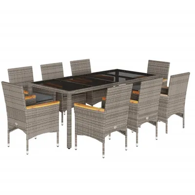 Immagine prodotto di vidaXL set da pranzo da giardino 9 pezzi con cuscini in rattan grigio e vetro