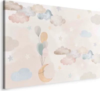 Produktbild von Italienischer Leinwand Leinwandbild - Fairy-Tale Moon - Pastel Moon with Balloons Among Colorful Clouds and Stars in Subdued Colors on a Light Background 90x60 cm Für Kinder e-C-10059-b-a