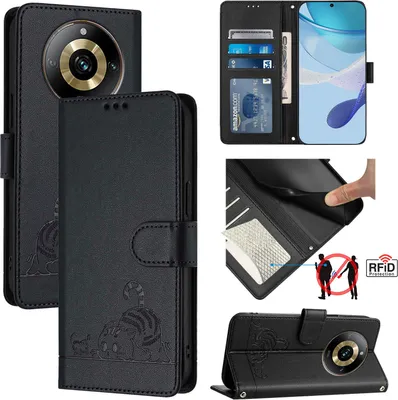 Produktbild von Leder Hülle für Realme 11 Pro/Realme 11 Pro+ Süße Katze Flip Case Brieftasche Schutzhülle mit Standfunktion Schwarz