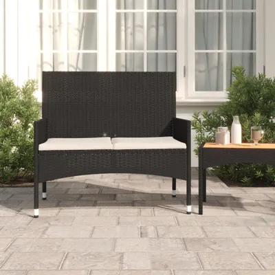 Image de The Living Store Banc de jardin 2 places avec coussins Noir Poly Rattan