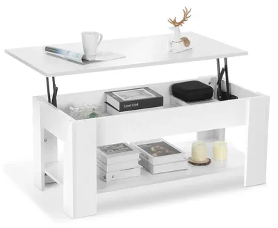 Zdjęcie produktu dla Stolik do salonu – stolik kawowy – regulowana wysokość 42–56 cm – rozkładany stół jadalny 2 w 1 – schowek i oświetlenie LED – 98 x 50 cm – biały