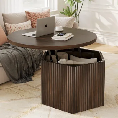 Produktbild von FABATO Couchtisch rund Ø 80 cm mit Liftfunktion, höhenverstellbar 50–61 cm, versteckter Stauraum und Trommelsockel in 3D-Rillenoptik, Dunkelbraun