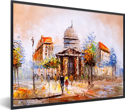 Produktbild von MuchoWow® Gerahmtes Poster Gemälde - Stadt - Öl 80x60 cm - Poster mit Schwarzem Bilderrahmen Wandposter Rahmen Foto Bilder - Schwarzem - Mit Gestell