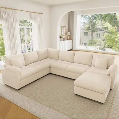 Produktbild von Merax XXL Modulares U-Form Sofa, L-Form Ecksofa Mit Hocker, 7 Sitzer Wohnlandschaft, Cord Sofa Mit Kissen, Großes Familiensofa, Couch, Beige