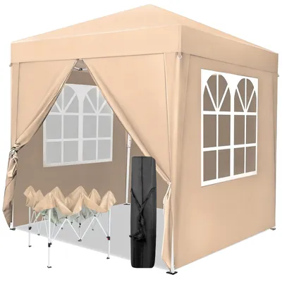 Image de ALIGHTUP Pavillon pliant 2 x 2 m Pavillon avec 4 parois latérales, fenêtre, chapiteau avec protection UV, avec 4 parois latérales, tente de jardin, chapiteau, kaki