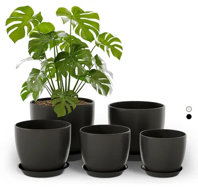 Immagine prodotto di Set di 5 vasi per piante - Vaso nero con sottovaso - Vasi per la coltivazione - Vasi per interni - Materiali resistenti - Facili da pulire