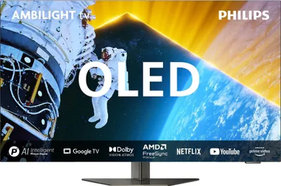 A television screen displaying a space scene with an astronaut, with the word 'OLED' prominently displayed.