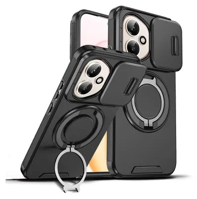 Immagine prodotto di Custodia a doppio strato per Honor 400, copertura scorrevole per la fotocamera e supporto ad anello magnetico Nero