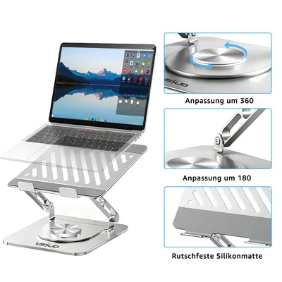 Produktbild von VSIUO Laptopständer aus Aluminium, höhenverstellbar & 360° drehbar, verstärktes 8 mm Panel, ergonomisch, kompatibel mit 10–17,3 Zoll Laptops, Sliber