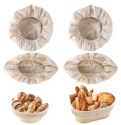 Productafbeelding van Gistmandjes-inzetstukken, set van 4 - Gemaakt van katoen en linnen - Geschikt voor zuurdesembrood - Rond, diameter 25 cm, en ovaal, 15x25 cm