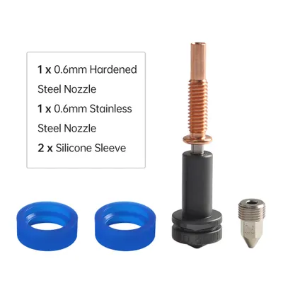 Obrázek produktu pro Vylepšené 0,6mm třímetalové trysky s vysokým průtokem z kalené oceli/mědi/titanu. Kompatibilní s hotendy a extrudery REVO. Dodáváno se 2 silikonovými objímkami.