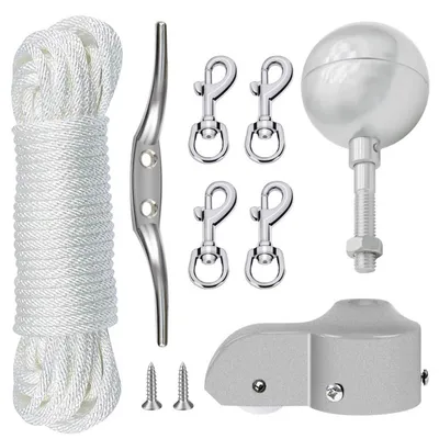 Produktbild von Fahnenmast Zubehör Set,Fahnenmast Reparaturset, inkl.Kugel,Seil,Karabiner, Klampe,Topper aus Aluminium mit Seilrolle Flag Parts Kit