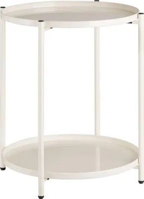 A two-tiered round side table with a white finish.