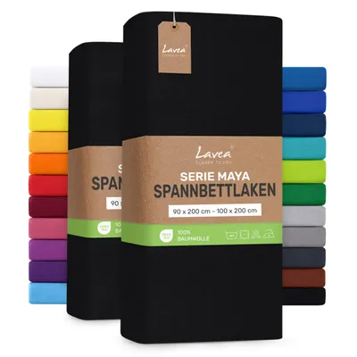 Zdjęcie produktu dla Lavea® Zestaw 2 sztuk, prześcieradła satynowe z gumką, 90/100x200 cm, 100% bawełna – Miękkie prześcieradła do materacy o wysokości do 20 cm – Kolor: czarny