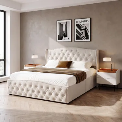 Image de INONEFT, lit rembourré 140x190 cm avec sommier à lattes et tête de lit, lit à ressorts avec espace de rangement, structure de lit pour adultes, en velours, couleur beige