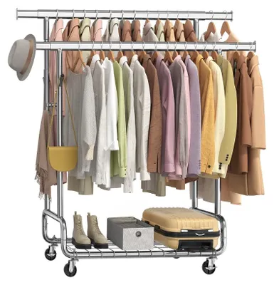 Imagen del producto de Perchero con ruedas, con estante y ganchos | Plateado | 107–149,8 x 52,5 x 144,2–164,2 cm