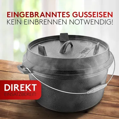 Produktbild von BBQ Dutch Oven Set [7L] – Eingebrannter Feuertopf aus Gusseisen mit Füßen & Deckel – inkl. Deckelheber und Topfständer