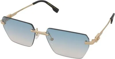 A pair of gold-rimmed, hexagonal sunglasses with blue gradient lenses.