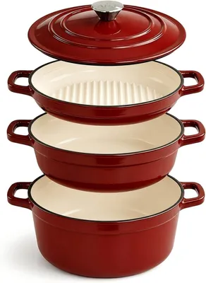 Gusseiserne 3-in-1 Pfanne 25 cm mit Deckel, rot