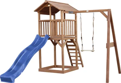 Produktbild von AXI Beach Tower Spielturm aus Holz in Braun | Spielhaus für Kinder mit blauer Rutsche, Schaukel und Sandkasten | Stelzenhaus für den Garten