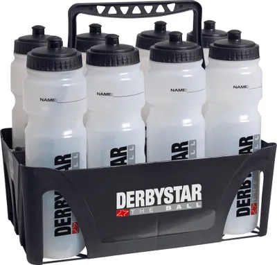 A black plastic carrier holding eight white water bottles with black caps.