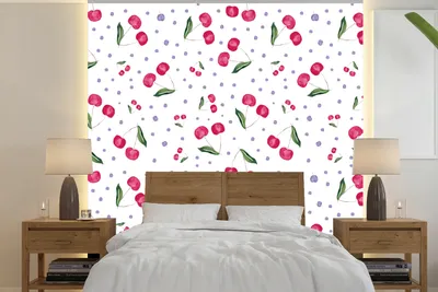 Produktbild von MuchoWow® Fototapete für Wohnzimmer oder Schlafzimmer Wandtapete Vinyl Motivtapete Kirschen - Weiß - Muster - 350x350 cm - Schlafzimmertapete