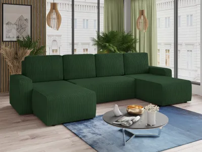 Produktbild von Wohnlandschaft mit Schlaffunktion Roma - U-Form Couch, Schlafsofa mit Bettkasten, Couchgranitur mit Bettfunktion, Big Sofa, Cord Stoff  (Grün (Poso 014))