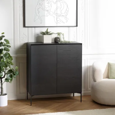 Image de MAXENDRE - Buffet noir 2 portes 3 étagères pieds métal noir MAXENDRE