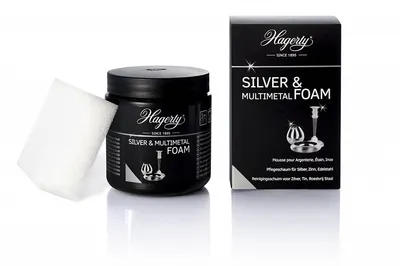 A product shot of Hagerty Silver & Multimetal Foam cleaner and its packaging, displayed on a white background.