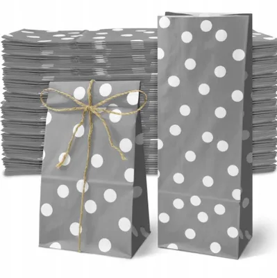 Graue Papiertüten mit Punkten 10x7x26 cm – Geschenktüten für Süßigkeiten – 100 Stück